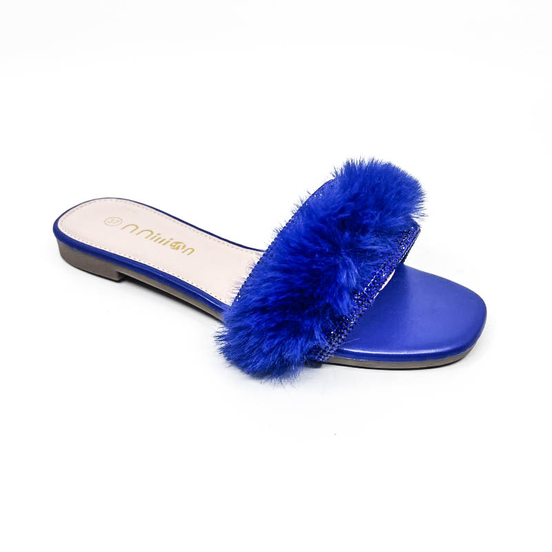 夏季新款平底女拖鞋女士凉拖一字拖钻面毛毛拖Slippers falt shoe