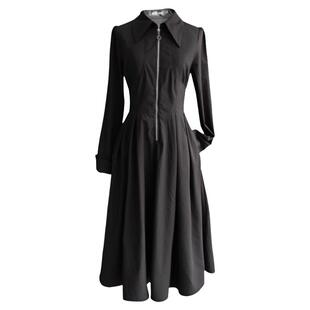 JUJU定制法式赫本风黑色收腰显瘦衬衫裙长袖连衣裙女秋季中长裙子