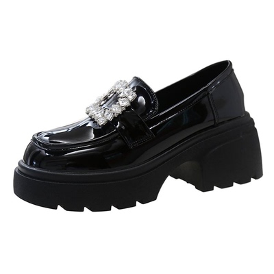 漆皮水钻方扣单鞋女秋季厚底乐福