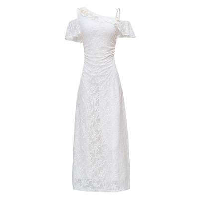 MAXRIENY度假风蕾丝连衣裙不对称斜肩抽褶领证小白裙