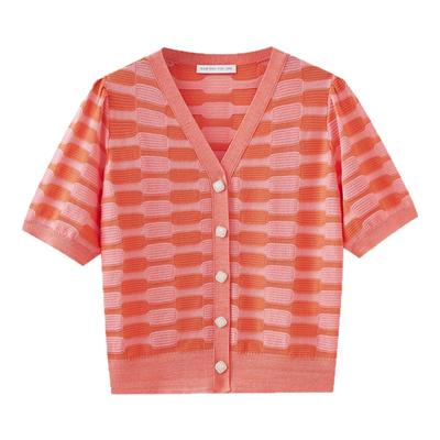 水云间撞色毛针织开衫短袖女装v领短款上衣修身显瘦2025夏季新款