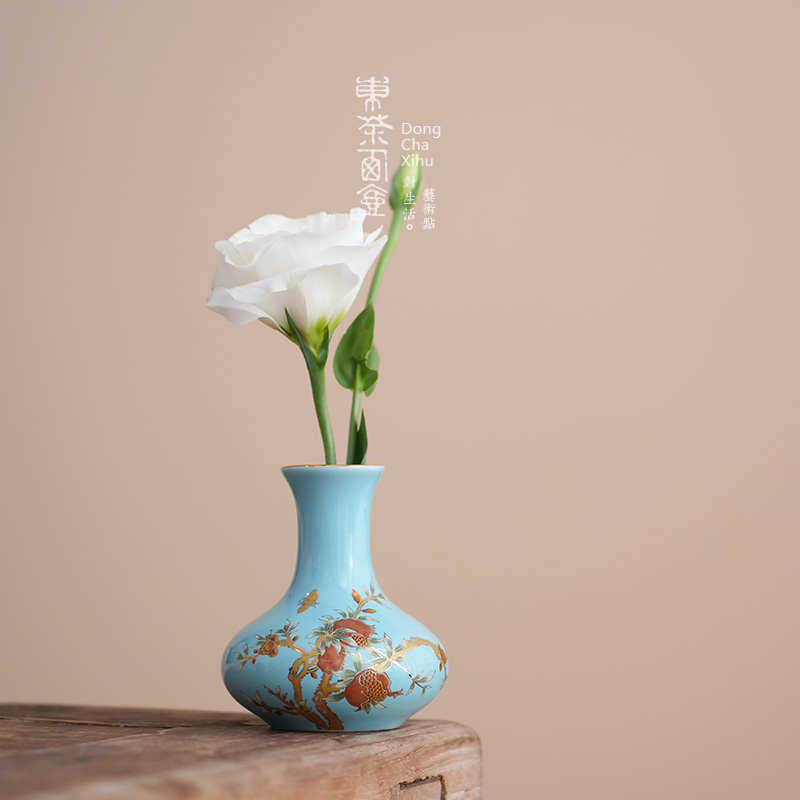 西湖蓝陶瓷花瓶小号家居摆件迷你桌面花器花道艺术表演水培小花插