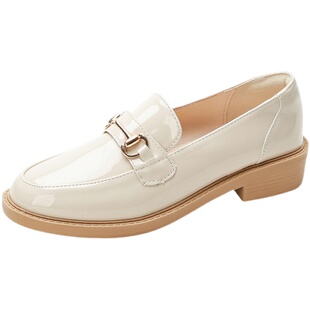 真皮杏色鞋子女英伦风小皮鞋2026春秋新款乐福鞋休闲豆豆平底单鞋