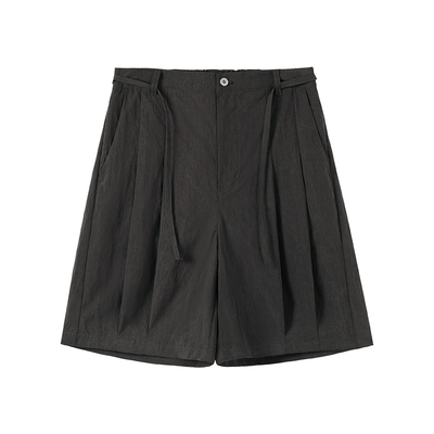 WHIMNOTION 25SS蜡感天丝立体褶位短裤潮垂顺抗皱夏季腰带五分裤