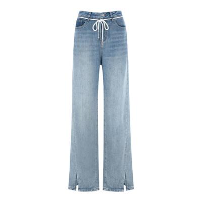 wanatry中蓝色开叉系绳牛仔长裤