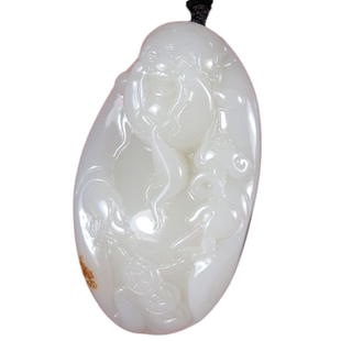 天然新疆和田玉籽料羊脂白玉财神带皮手把件把玩件老坑料手把件