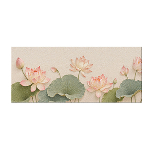 好运莲莲沙发背景墙装饰画奶油风肌理感砂岩画小清新荷花荷叶挂画