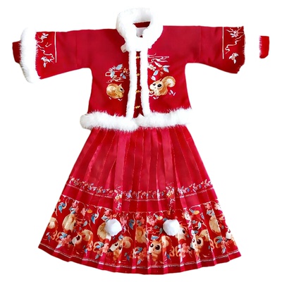 女童冬季加绒加厚刺绣喜庆拜年服