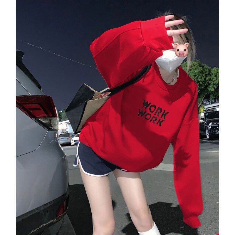 红色加绒卫衣女秋冬2025新款爆款欧货大版中长款小众圆领加厚上衣