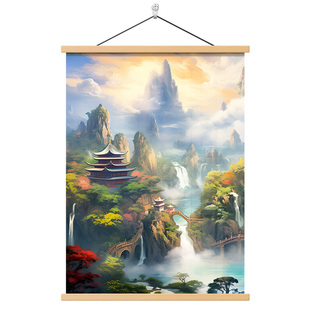 仙家堂口山水画堂单风景画东北暗堂亭子小桥流水挂画无活物有太阳