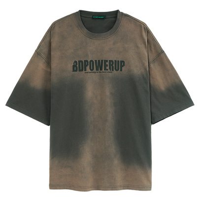 BD健美站复古炒色纯棉针织短袖夏季时尚大印花运动T恤男宽松