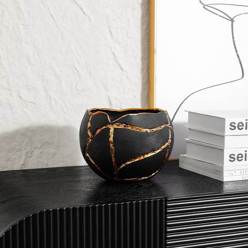 3跨境家居用品金色裂纹小花盆果盘装饰品家居感客厅创意高级干摆