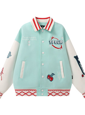 TFOUR浅蓝色翻领棒球服情侣外套