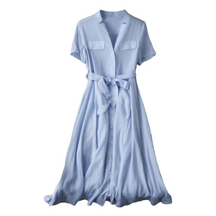 柔美线条~夏日清爽色双扣袋多扣全莱赛尔面料高腰A字中长连衣裙夏