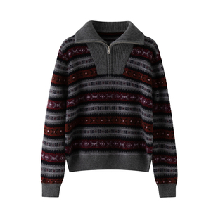 LP同款嵌花半拉链高领山羊绒衫女秋冬加厚宽松慵懒风针织套头毛衣