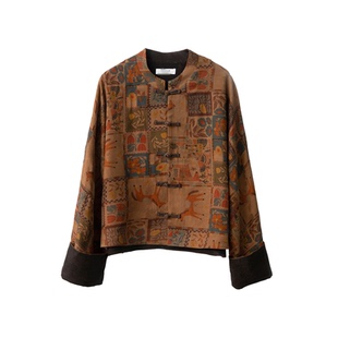 高定 100%桑蚕丝绢纺香云纱印花真丝国风挽袖外套女盘扣立领开衫