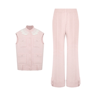 Maison Wester2025秋季新品蕾丝小香风马甲毛呢纽扣翻边阔腿裤