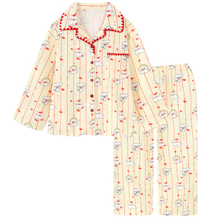 卡通条纹纯棉纱布睡衣女款春秋季长袖可外穿学生婴儿棉家居服套装