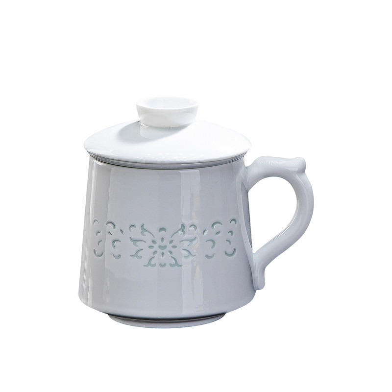 景德镇玲珑釉下瓷带盖过滤茶杯