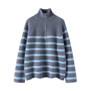 460克重磅七针加厚半拉链山羊绒衫女打底衫条纹宽松羊毛高领上衣