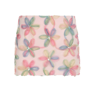 WEEKEEP 度假风少女感立体花朵亮片网纱半身裙低腰修身包臀超短裙