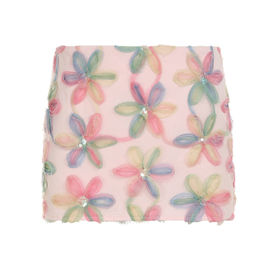 WEEKEEP 度假风少女感立体花朵亮片网纱半身裙低腰修身包臀超短裙