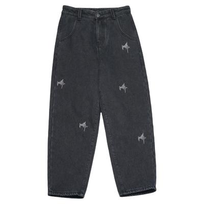 小刺绣直筒复古水洗黑加绒牛仔裤