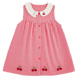 幼悠女童复古清新色织红格背心裙夏季柔软亲肤猫咪造型翻领裙子潮