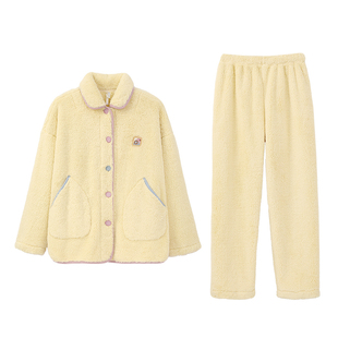 安之伴【巨保暖】简约珊瑚绒情侣睡衣女秋冬款宽松男士家居服套装