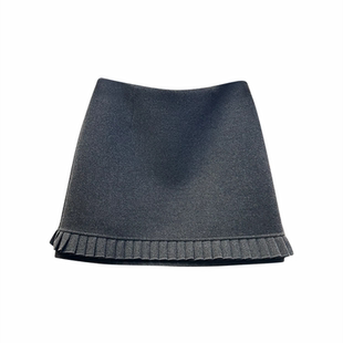 2026秋冬百搭灰色毛呢半身裙女新款高腰显瘦磨毛A字下摆花边短裙