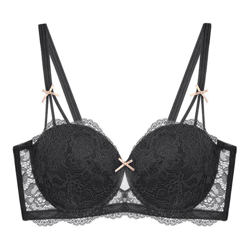 EMMAROSE法式小黑桃蕾丝内衣胖MM大胸显小大码文胸聚拢上托防下垂