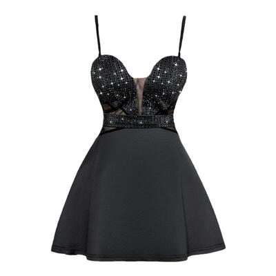 性感吊带大摆纯色镶钻短裙
