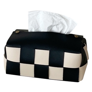 ins北欧黑白棋盘格纸巾盒家用客厅编织皮革餐巾纸收纳盒抽纸盒