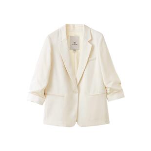 水云间白色醋酸小西装外套女士西服七分袖一粒扣cleanfit极简穿搭