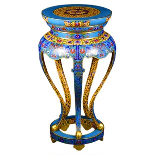 非遗摆件景泰蓝明式高束腰三弯腿五足大香几圆花几真金鎏刻大花架