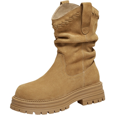 TATA他她牧野甜心2025新款靴子加绒西部堆堆大黄时装靴CHT01DS5