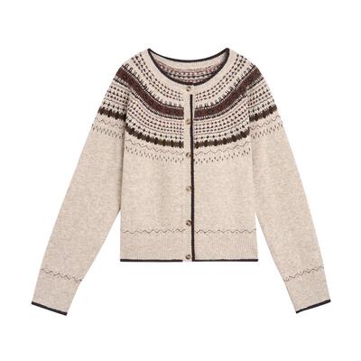 紫涵费尔岛羊毛针织开衫女2025冬季新款复古软糯保暖圆领毛衣外套