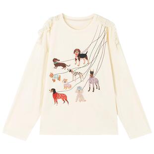 KEIKO 牵绳小狗图案长袖t恤2026春夏蕾丝花边饰圆领宽松休闲上衣