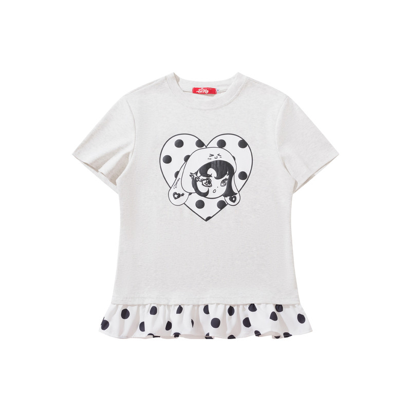 爱心印花拼接波点裙摆短袖