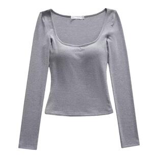 liviahome辣妹方领包肩袖内搭T恤女带胸垫外扩漫画胸修身低领上衣