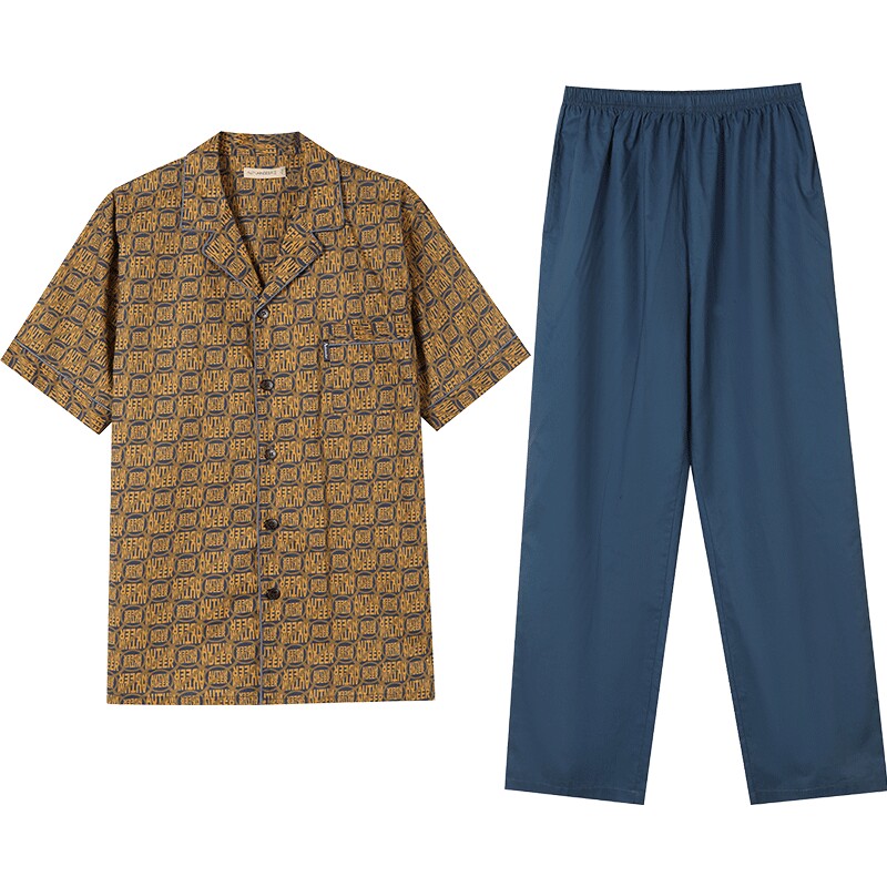 秋鹿印花梭织棉夏天睡衣男款短袖长裤薄款纯棉青少年家居服男春夏