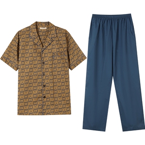 秋鹿印花梭织棉夏天睡衣男款短袖长裤薄款纯棉青少年家居服男春夏