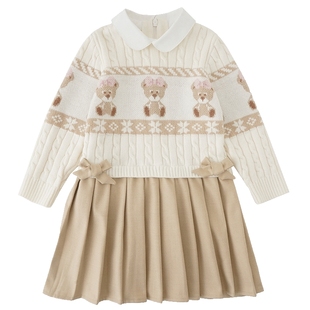 PawinPaw卡通小熊童装秋冬女童连衣裙拼接公主风可爱裙子