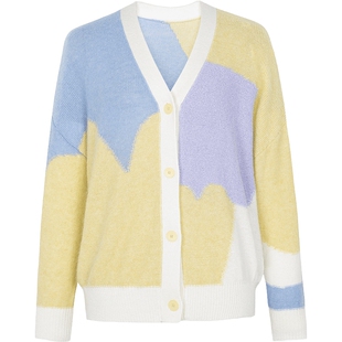 XG雪歌撞色设计长袖毛针织衫时尚春季新款通勤简约拼色开襟毛衫女