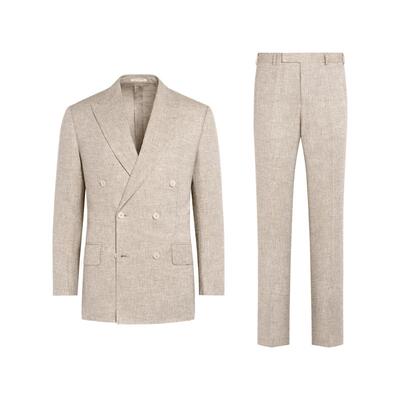 SUITSUPPLY砂砾色亚麻混纺男士双排扣西装套装