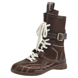 星期六真皮拳击鞋美拉德女款马丁靴复古厚底短靴棕色女靴子机车靴