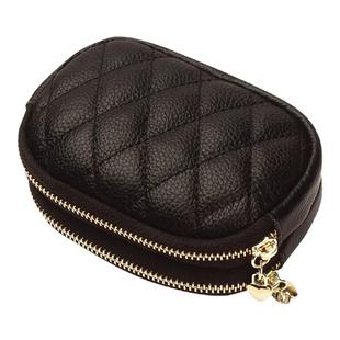 2026新款头层牛皮菱格绣线钥匙环扣硬币包双层拉链真皮小零钱包女