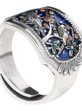 中国风梅花喜鹊宽版戒指女开口可调节国潮复古民族风珐琅工艺指环