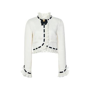 【明星同款】lefame拉飞姆2025秋季撞色条米白压褶箱型上衣外套女