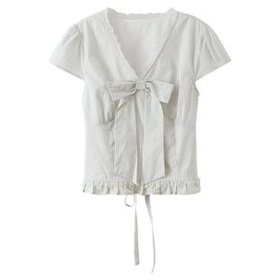 【清仓秒杀】夏韩系气质上衣短款小个子蝴蝶结v领杏色条纹衬衫女